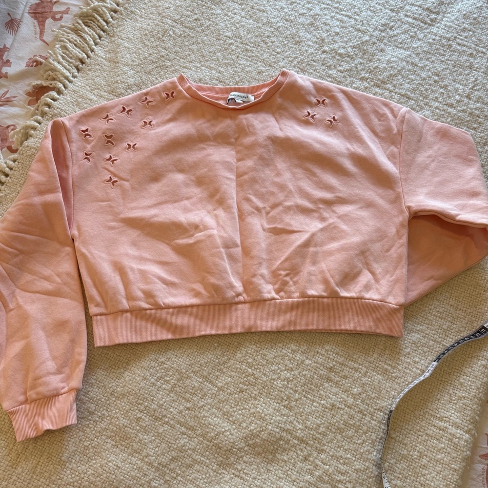 Peach Cropped Crewneck Sweatshirt with Eyelet Butterflies small